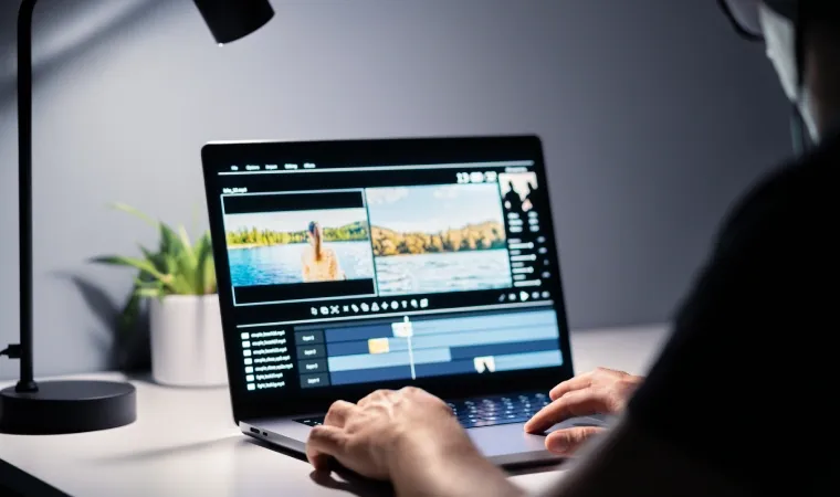 Imagem de um homem editando vídeo em um notebook