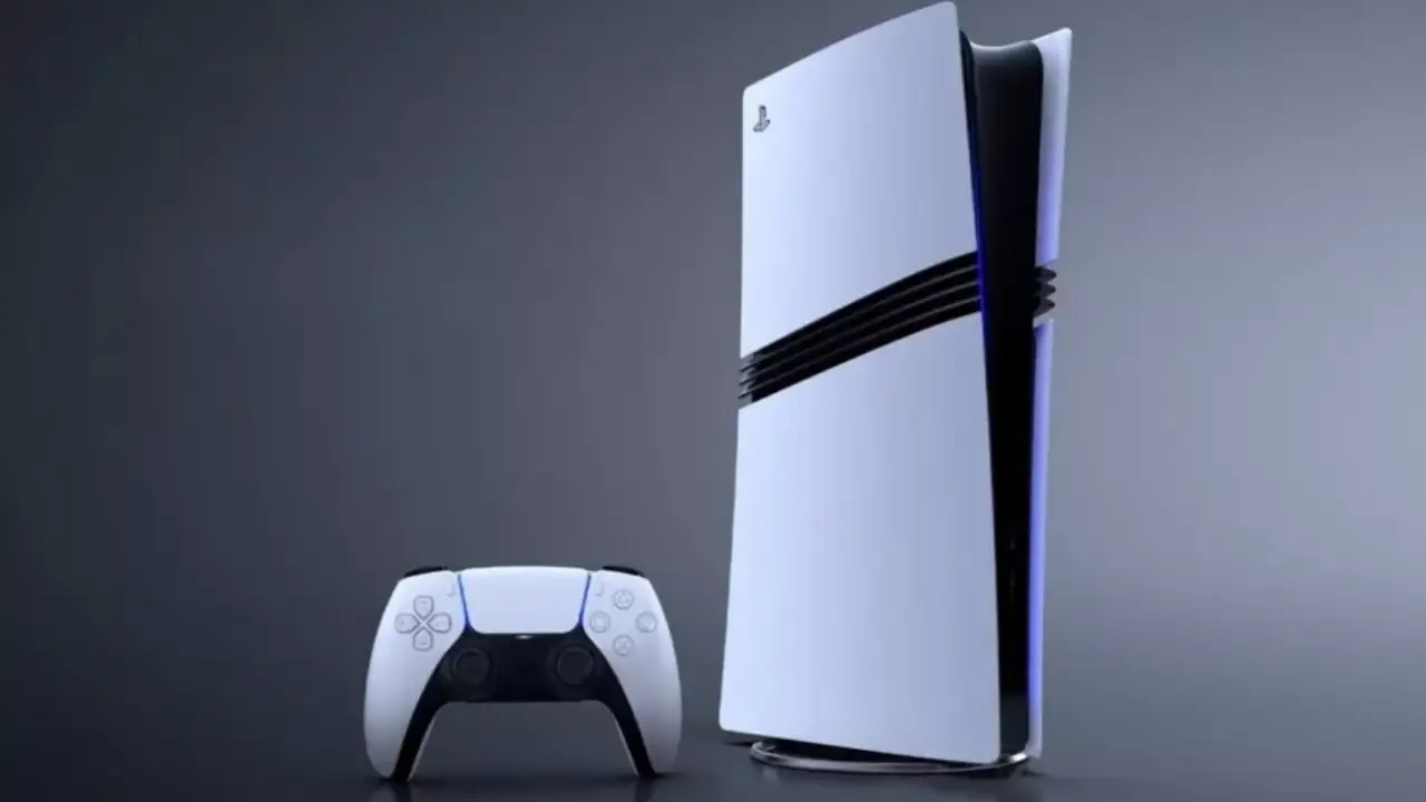 Imagem do PS5 pro com controle DualSense.