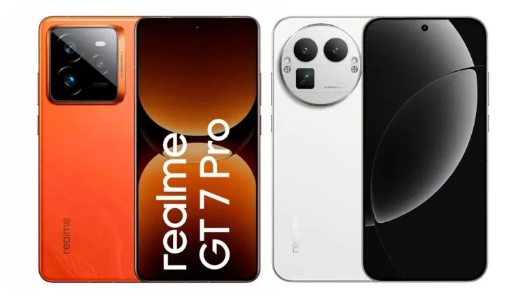 Imagem do realme GT 7 Pro e do realme GT 8 Pro exibindo frente e traseira para comparação de design