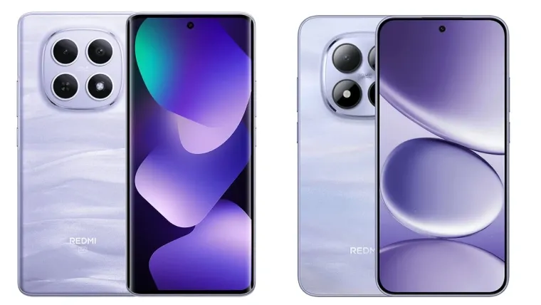 Imagem do celular Redmi Note 15 e do Redmi Note 15 Pro lado a lado mostrando frente e traseira