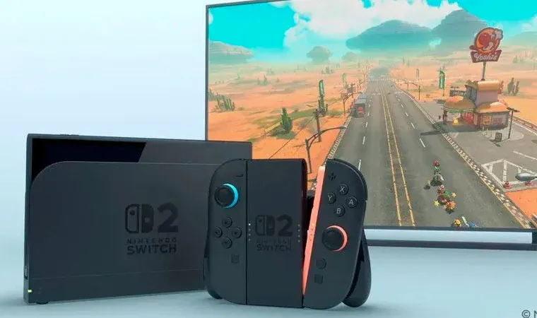 Imagem do Nintendo Switch com uma TV ao lado com o jogo Mario Kart World