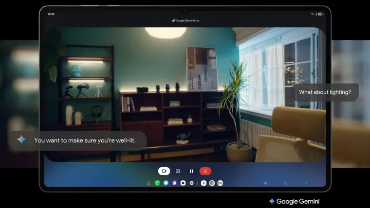 Imagem do Galaxy Tab S11 com interface do Google Gemini ativa durante uma videoconferência