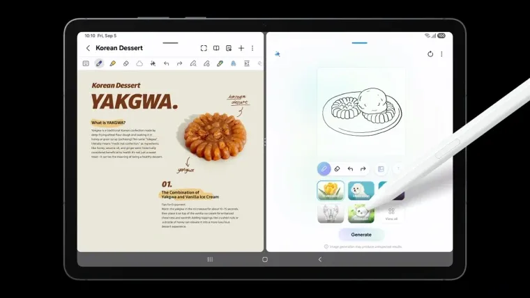 Imagem do Galaxy Tab S11 com tela dividida exibindo app de notas e ferramenta de desenho com a S Pen