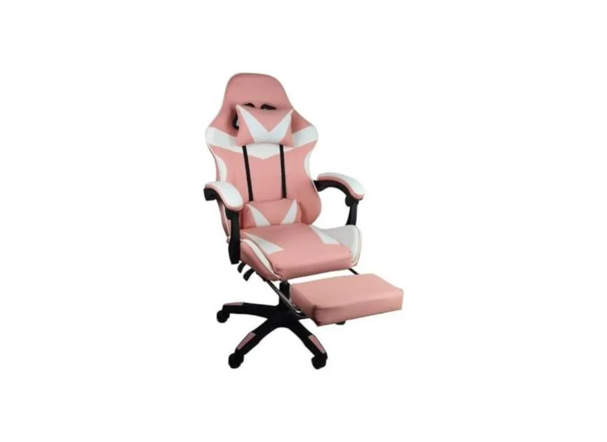 Imagem de uma cadeira gamer branca e rosa.