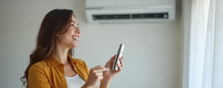 Mulher apontando controle remoto para um ar-condicionado split.