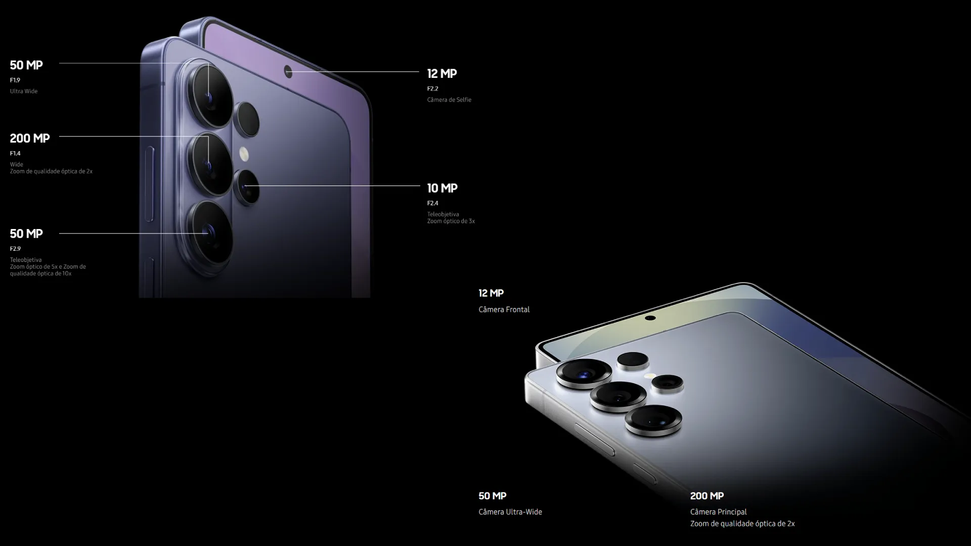 Dois smartphones Galaxy lado a lado exibindo especificações detalhadas das câmeras traseiras e frontai