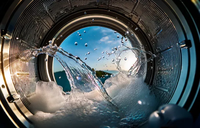 Vista interna do tambor de uma máquina de lavar com água e espuma em movimento durante o ciclo de lavagem