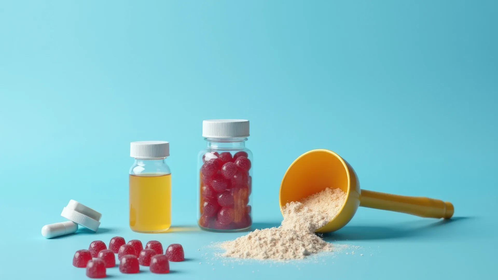 Creatina nas versões em gomas, pó, líquido e cápsulas