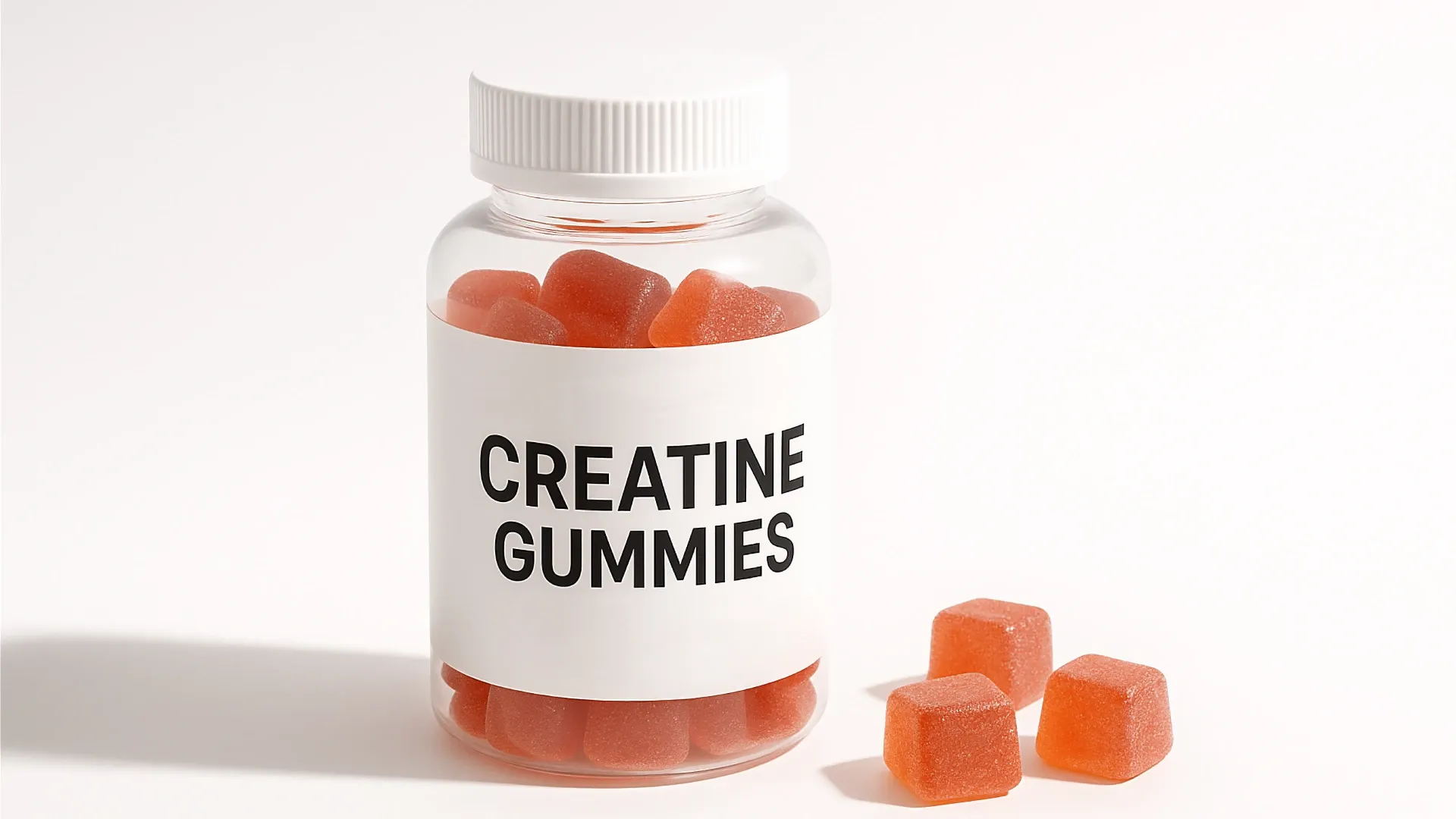 Frasco de creatina em gomas laranja e ao lado três gomas do suplemento