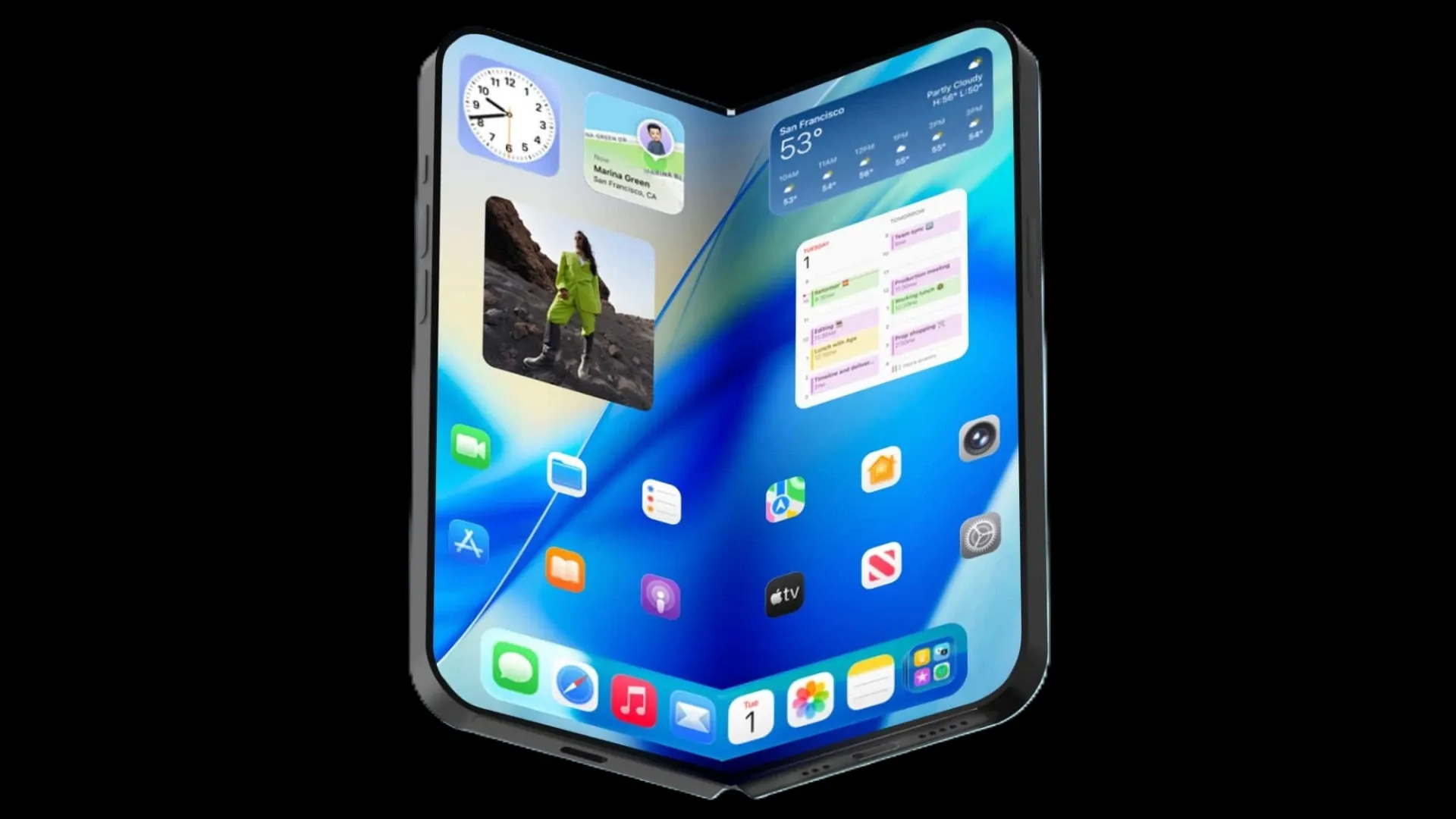 Possível iPhone dobrável com vários ícones em fundo preto