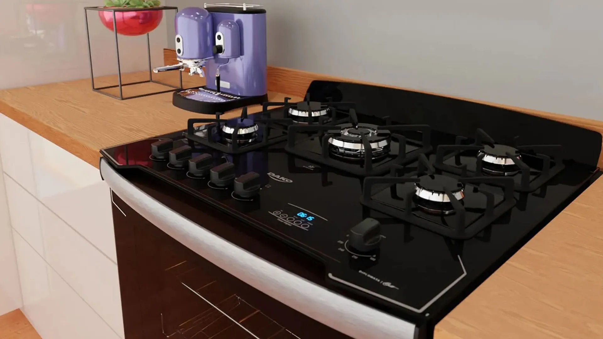 Fogão Dako 5 bocas com mesa de vidro temperado preto e trempes de ferro fundido em cozinha com bancada de madeira 