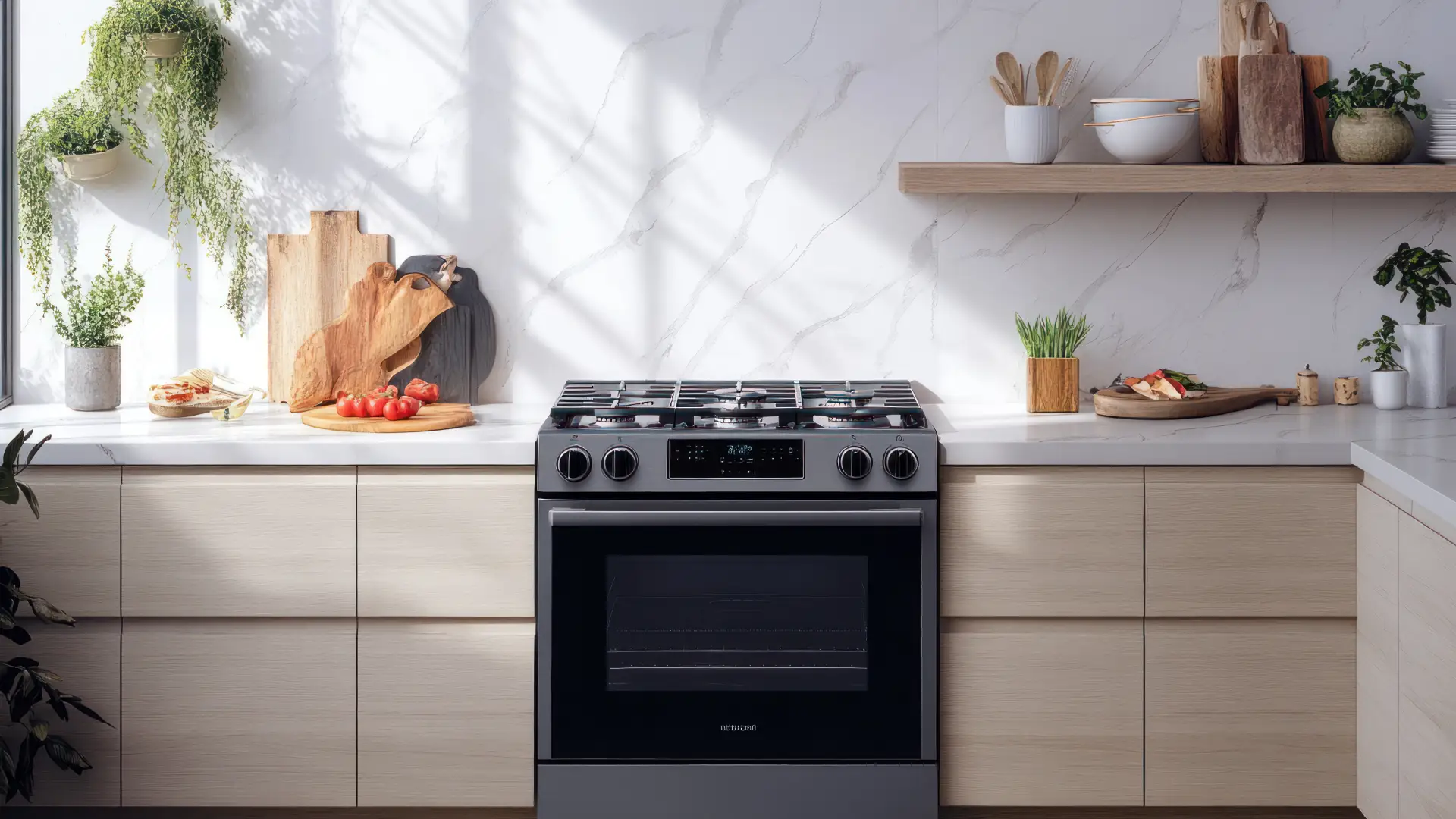 Cozinha moderna com fogão de piso em inox, prateleiras de madeira com plantas