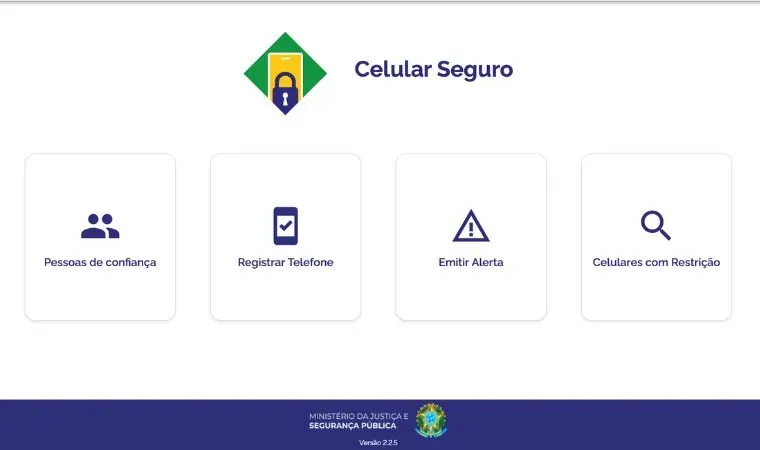 Foto mostra opções para registrar um telefone no ste Celular Seguro