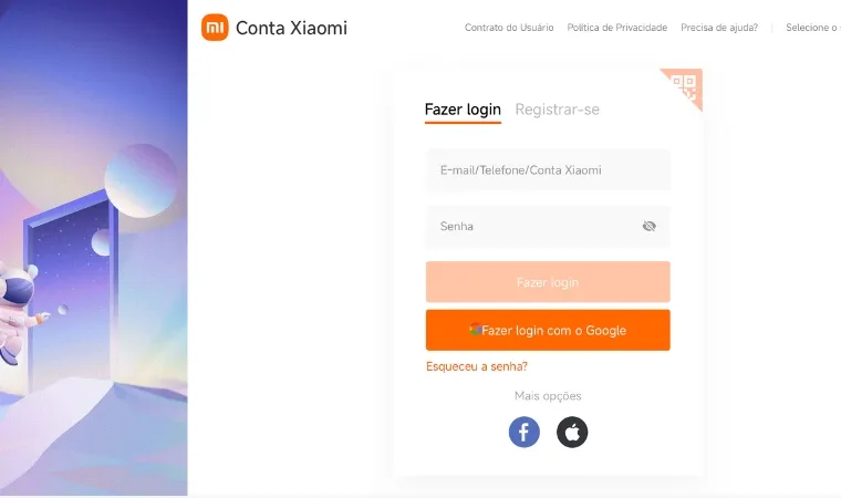 Imagem mostra a tela de login do site da Xiaomi