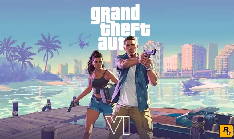 Arte do jogo GTA 6 com os protagonistas Jason e Lucia armados em uma doca ao lado de uma lancha com o logo de Grand Theft Auto VI ao fundo