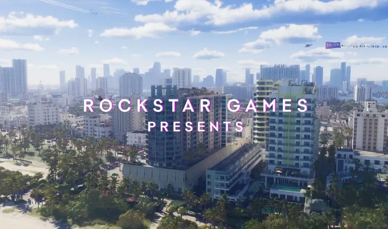 Imagem do jogo GTA 6 exibindo uma foto panorâmica da cidade de Vice City com os dizeres “Rockstar Games presents”