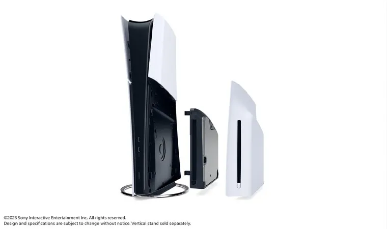 Imagem do PlayStation 5 Slim e seu leitor de disco destacado sobre um fundo branco