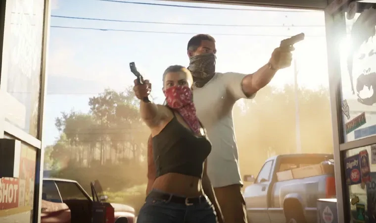 Imagem do jogo GTA 6 mostrando os protagonistas Jason e Lucia apontando suas armas em direção à câmera em um assalto e com bandanas cobrindo seus rostos
