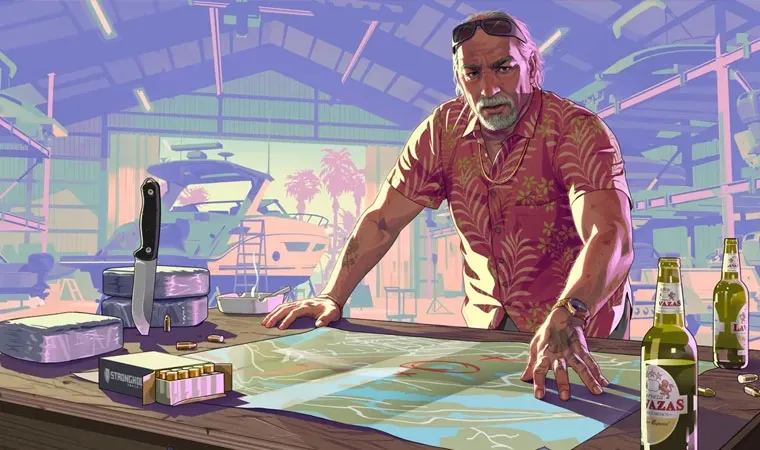 Arte do jogo GTA 6 mostrando o personagem Brian Heder, um senhor de meia-idade, barba e camisa florida exibindo um mapa de uma das regiões de Vice City sobre sua mesa