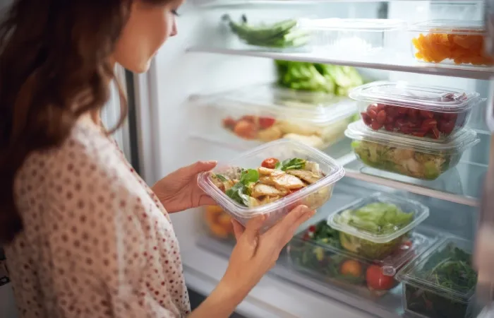 Pessoa segurando pote de comida diante de geladeira com recipientes organizados.