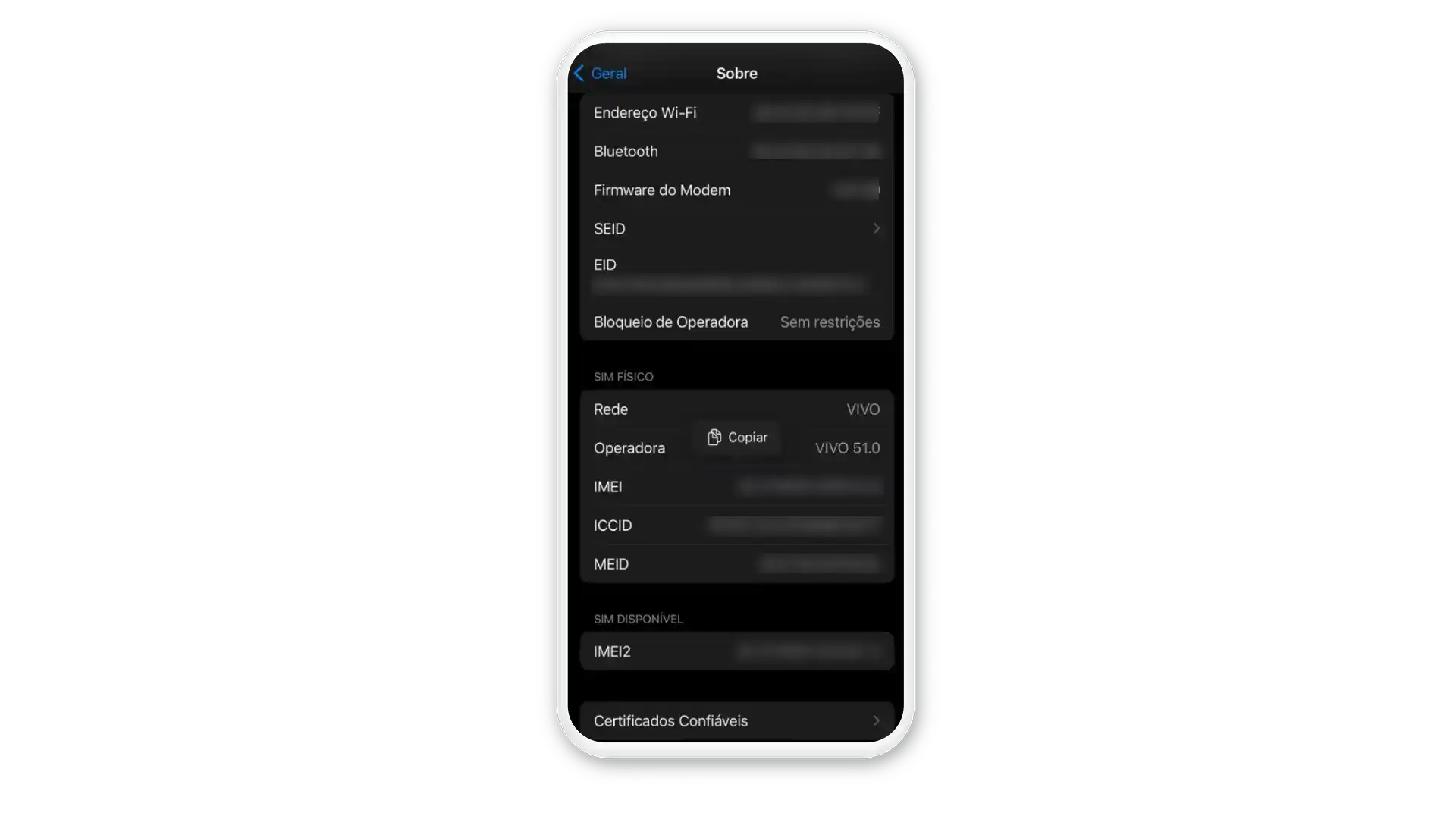 Print de tela de um iPhone mostrando as informações de IMEI
