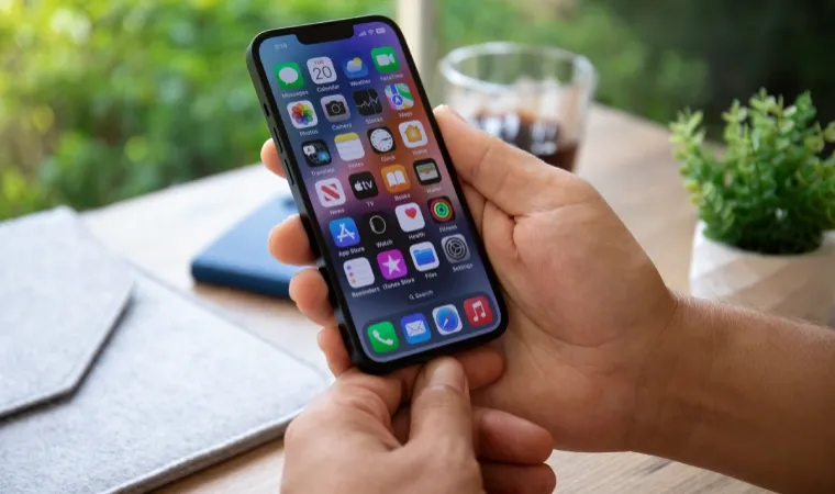 Uma pessoa segura um iPhone com as duas mãos