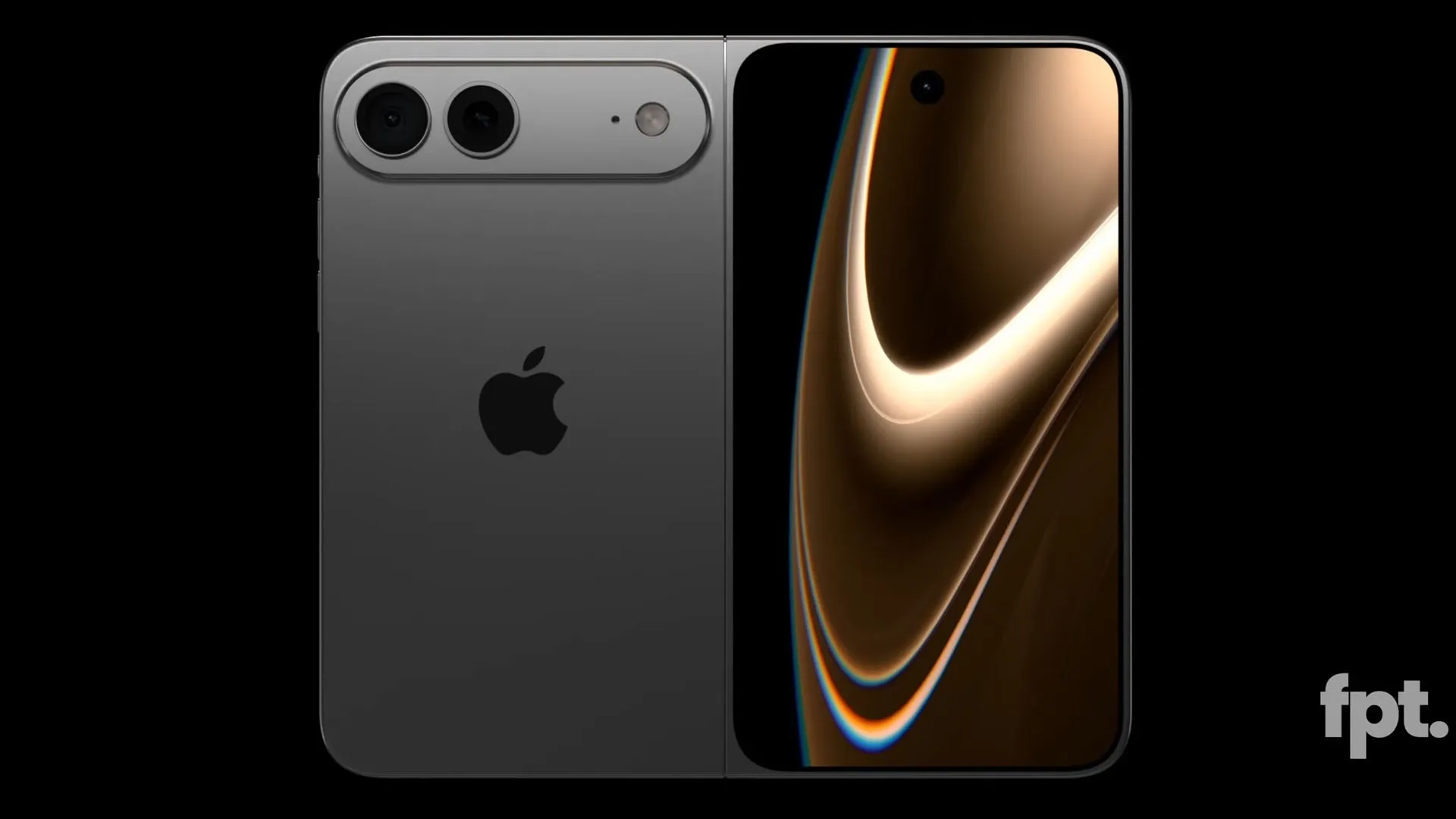 Render não-oficial do iPhone dobrável mostrando o aparelho fechado e aberto, com duas câmeras traseiras visíveis