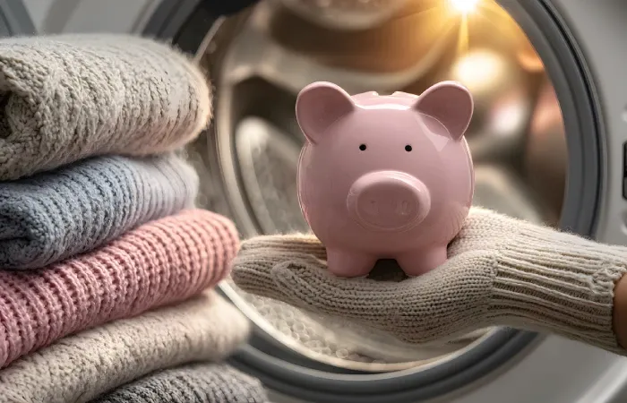 Cofrinho rosa sobre roupas dobradas em frente ao tambor aberto de uma máquina de lavar.