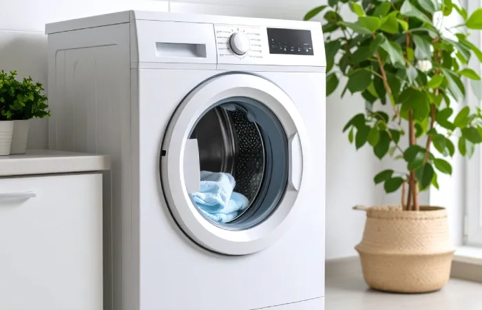 Máquina de lavar frontal branca com uma toalha azul-clara pousada sobre a porta aberta.