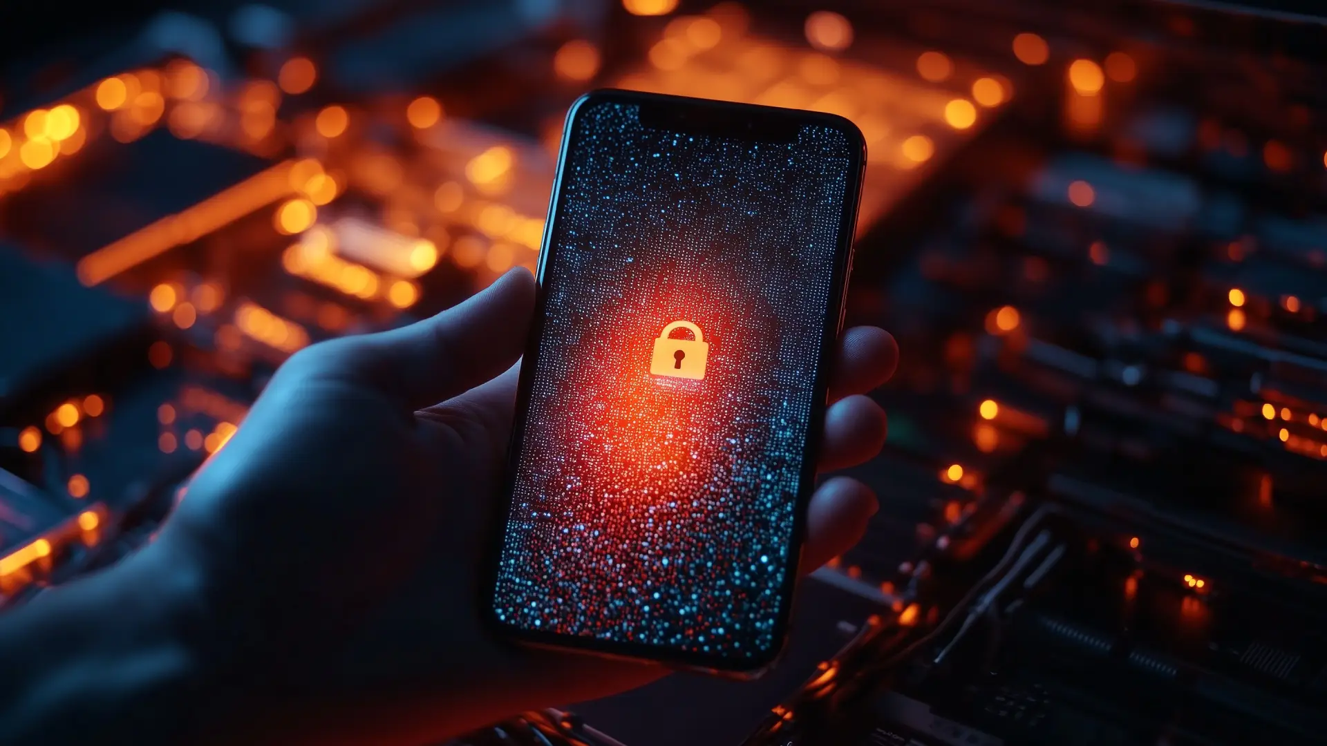 Imagem de uma pessoa segurando um celular com ícone de cadeado na tela, simbolizando bloqueio e proteção de dados após roubo do smartphone.