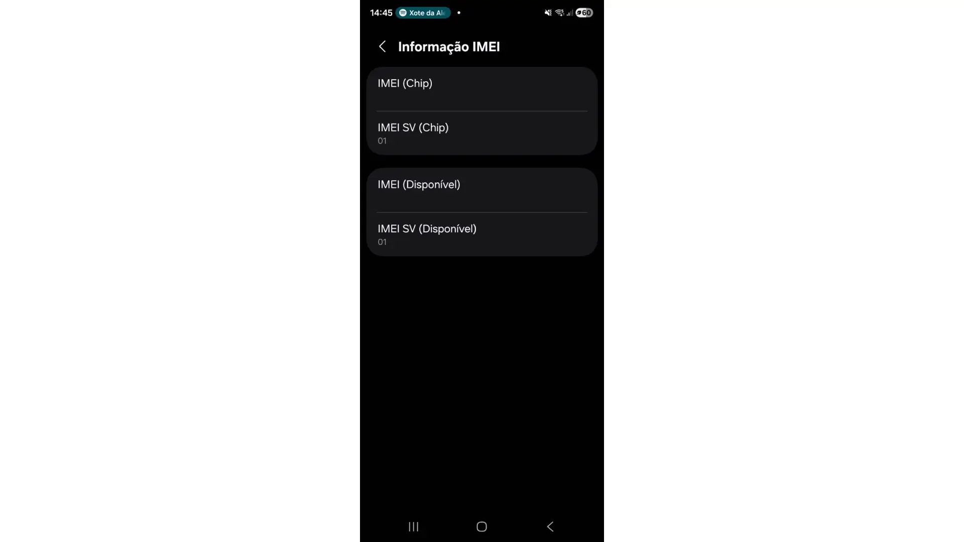 Print de tela de um celular com imagem do menu mostrando o IMEI do celular