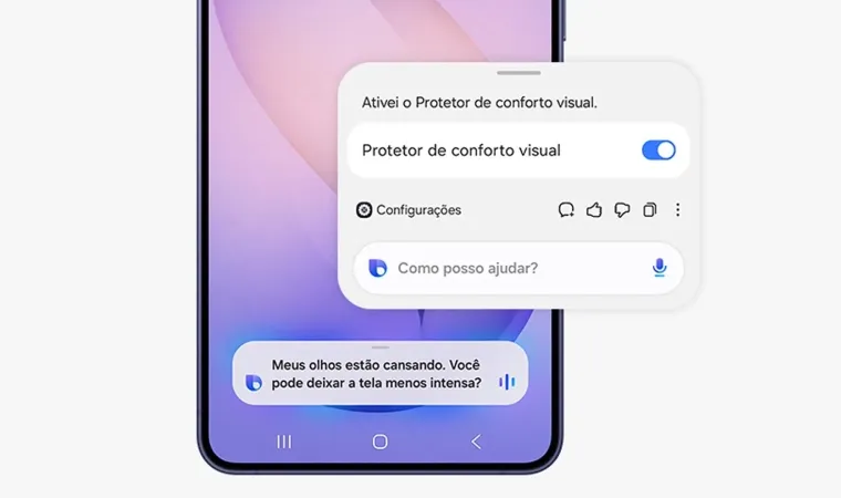 tela do Galaxy S26 exibindo sugestão de ativação do protetor de conforto visual com interface do Galaxy AI