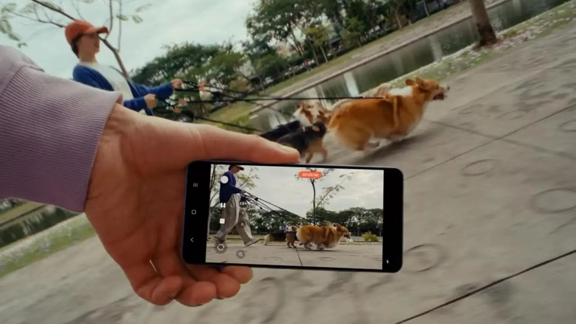 Imagem do Galaxy S26 Ultra gravando vídeo de um cachorro em movimento ao ar livre