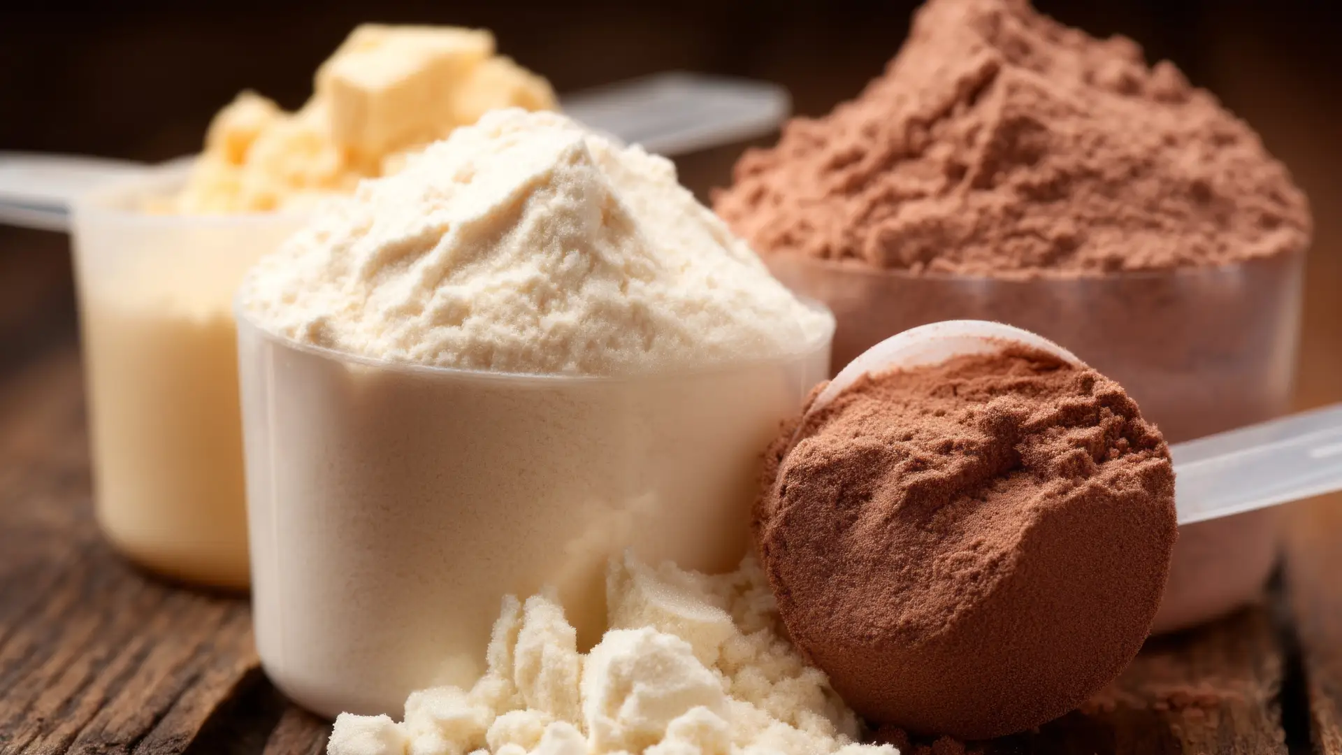 Quatro scoops de whey protein cheios em cima da mesa