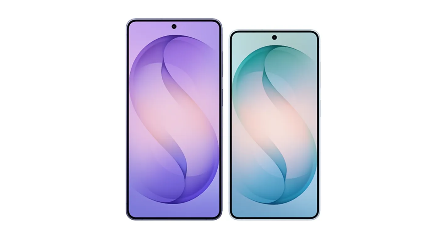 Dois smartphones Galaxy S26 lado a lado, mostrando a frente; o da esquerda com tela menor e o da direita com tela maior