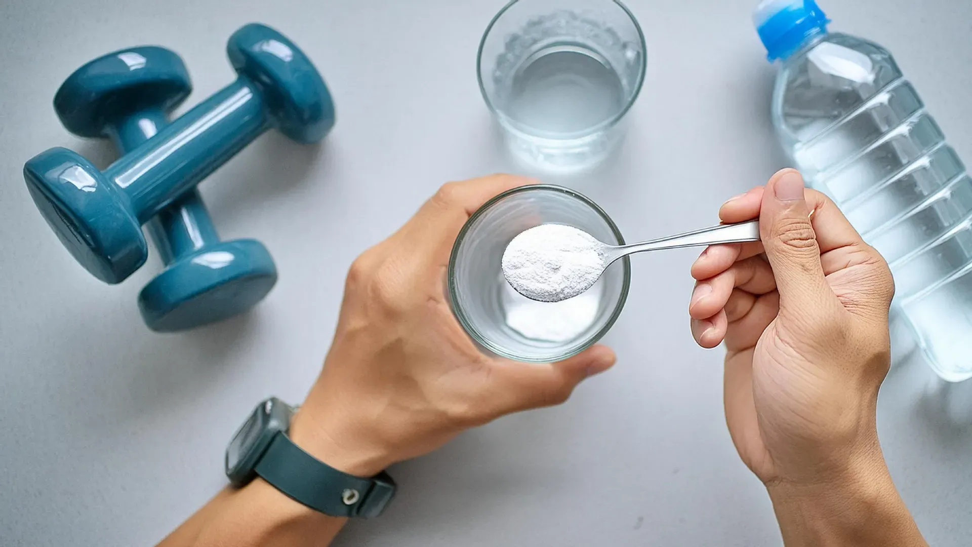 Homem misturando uma colher de creatina no copo d’água