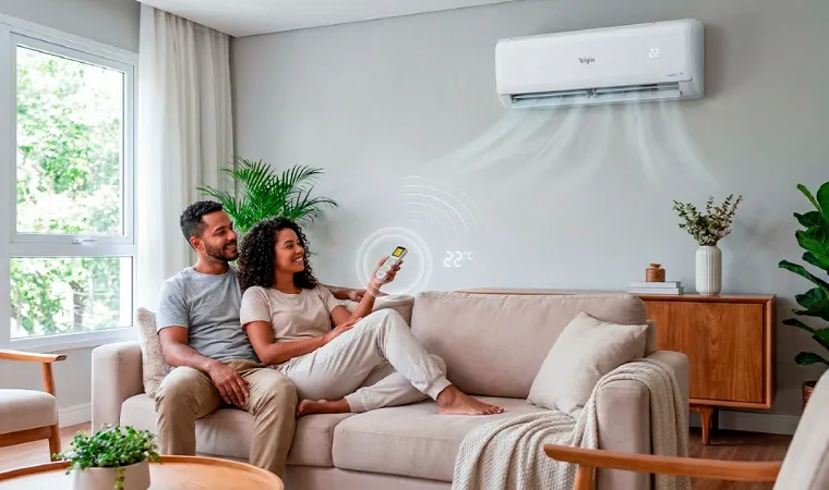 imagem divulgação Ar-condicionado Elgin Eco Inverter III na parede da sala, casal relaxando no sofá controla o aparelho