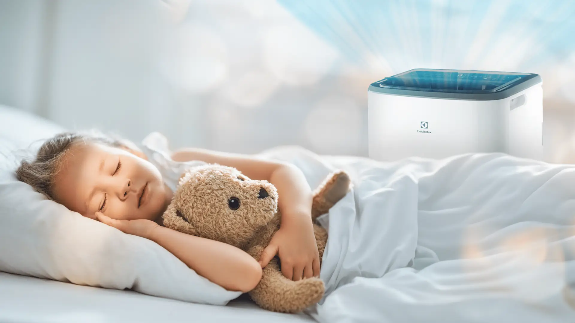 Criança dormindo tranquilamente com o ar-condicionado ligado