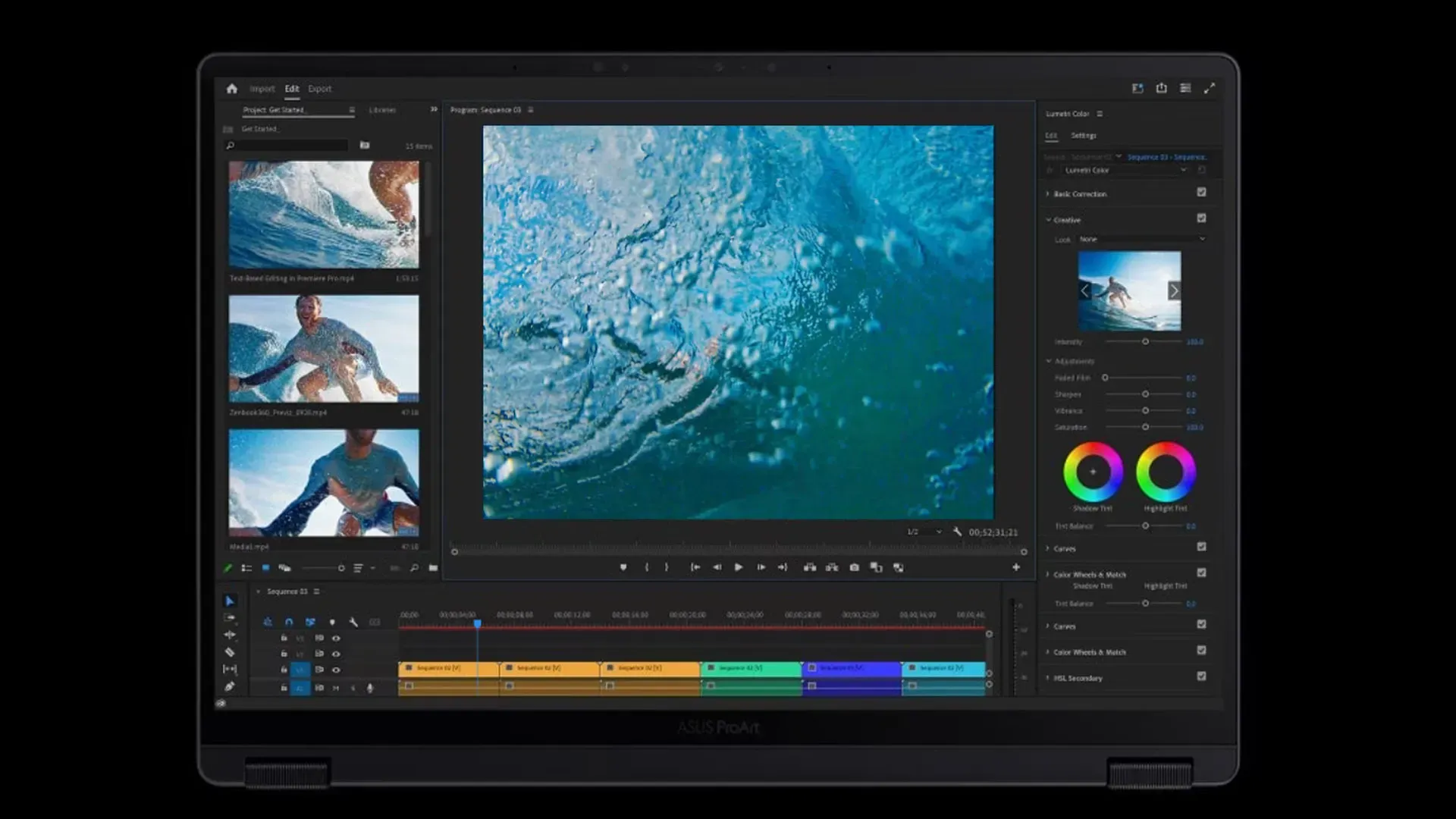Tela do ASUS ProArt GoPro Edition PX13 com timeline de edição de vídeo subaquático no DaVinci Resolve