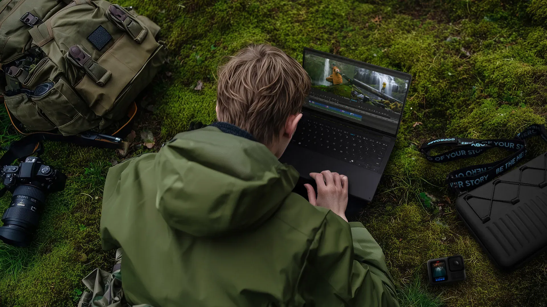 Pessoa editando vídeo no ASUS ProArt GoPro Edition PX13 em ambiente externo com equipamento fotográfico ao redor