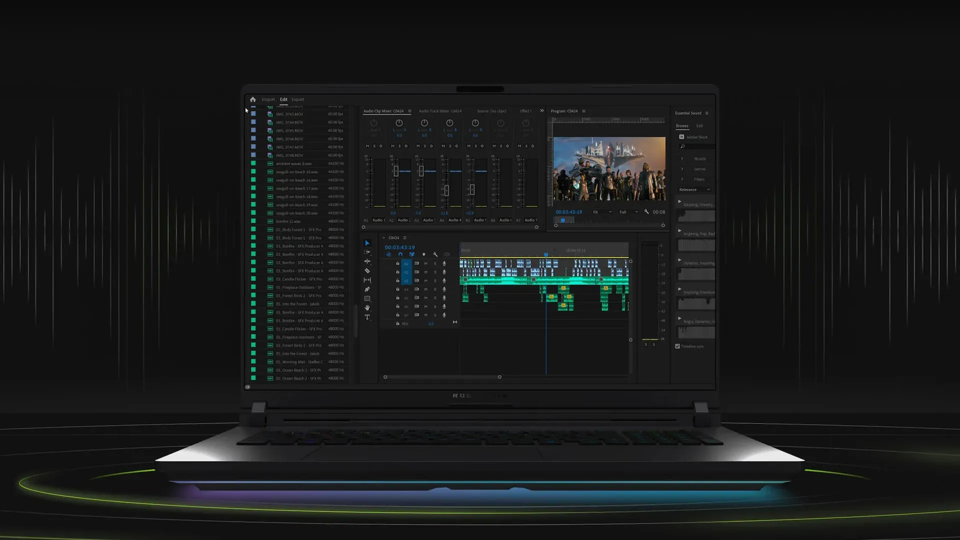 ASUS ROG Strix G16 (2026) aberto com software de edição de vídeo na tela ilustra o desempenho do processador Intel Core Ultra 9 290HX Plus