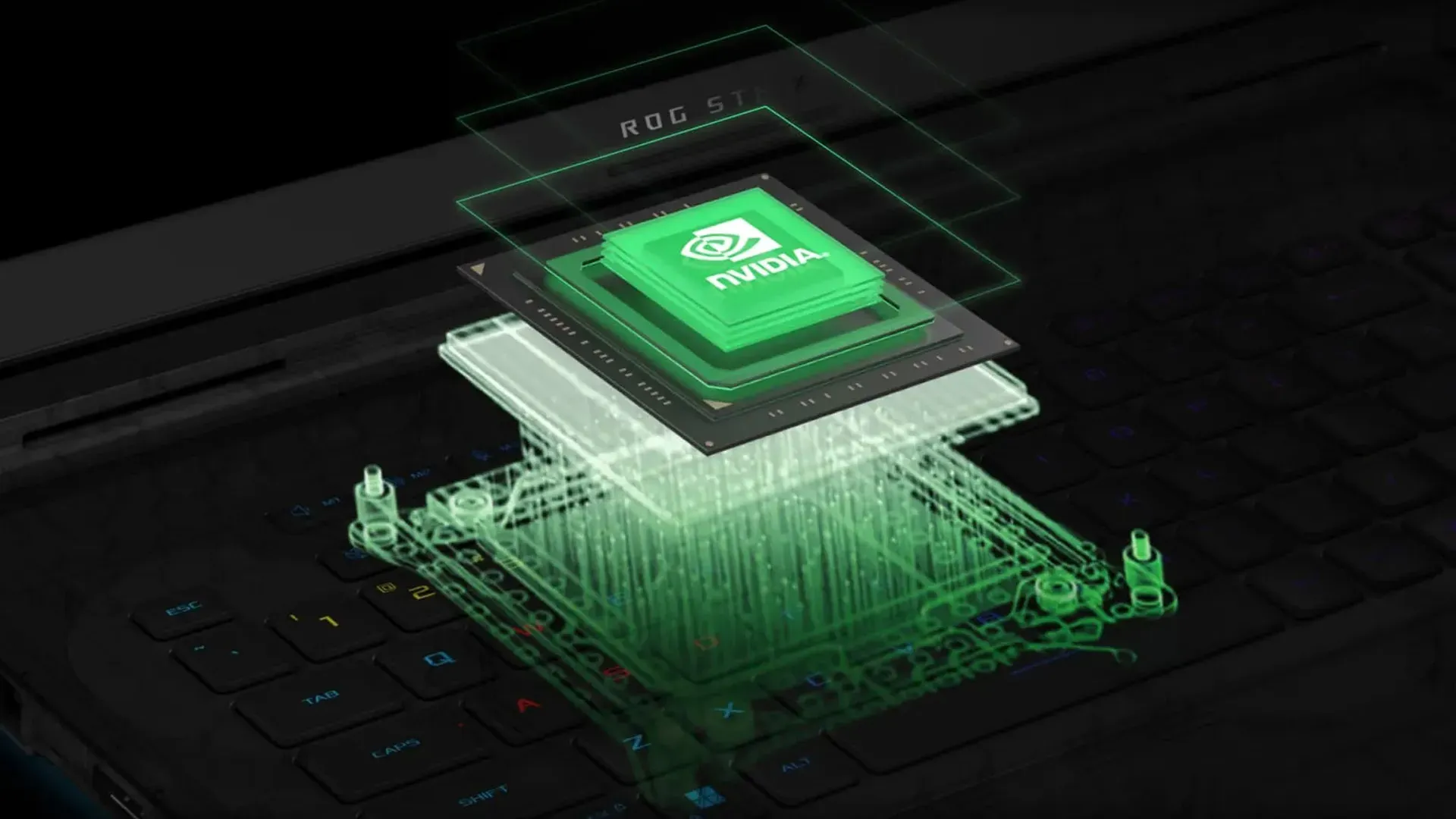 Ilustração em render 3D de uma GPU NVIDIA GeForce RTX emergindo do teclado do ASUS ROG Strix G16 (2026) com efeitos de luz verde