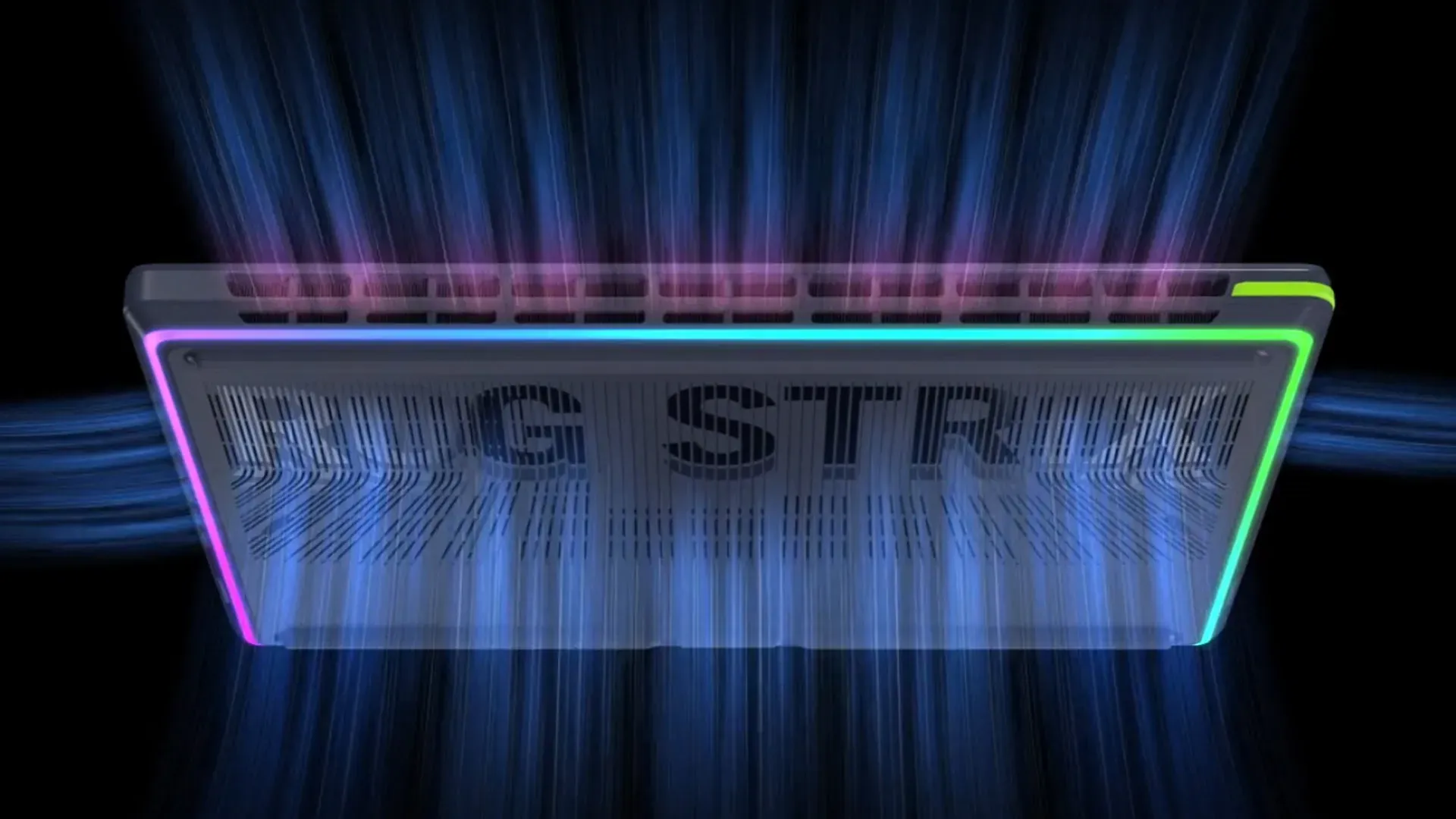 Vista traseira do ASUS ROG Strix G16 (2026) com ilustração do fluxo de ar sendo expelido pela dobradiça traseira, com iluminação RGB colorida nas bordas