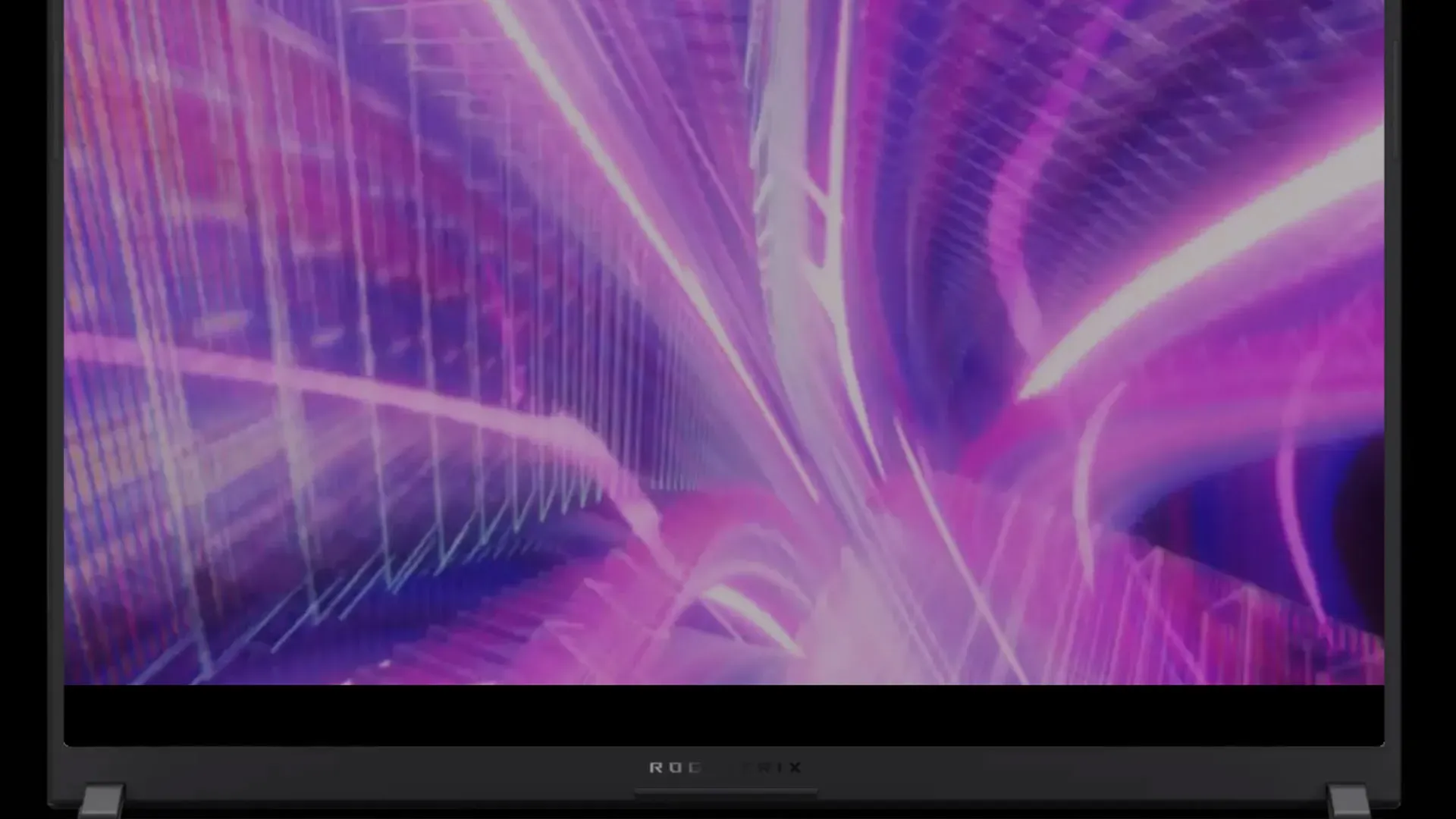 Close da tela ROG Nebula do ASUS ROG Strix G16 (2026) exibindo conteúdo com linhas de luz coloridas em tons de roxo e rosa