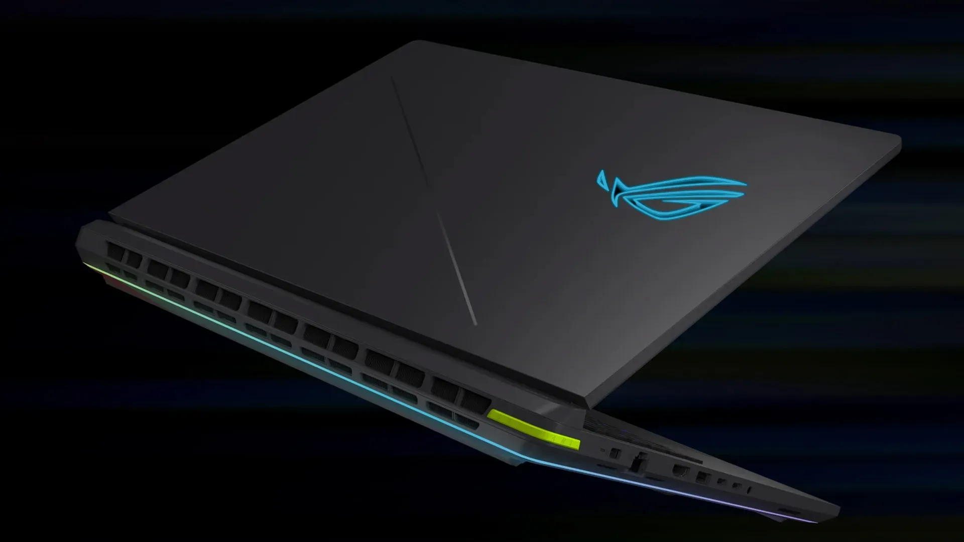 ASUS ROG Strix G18 (2026) visto de perfil com tampa fechada e logo ROG iluminado em azul sobre fundo escuro