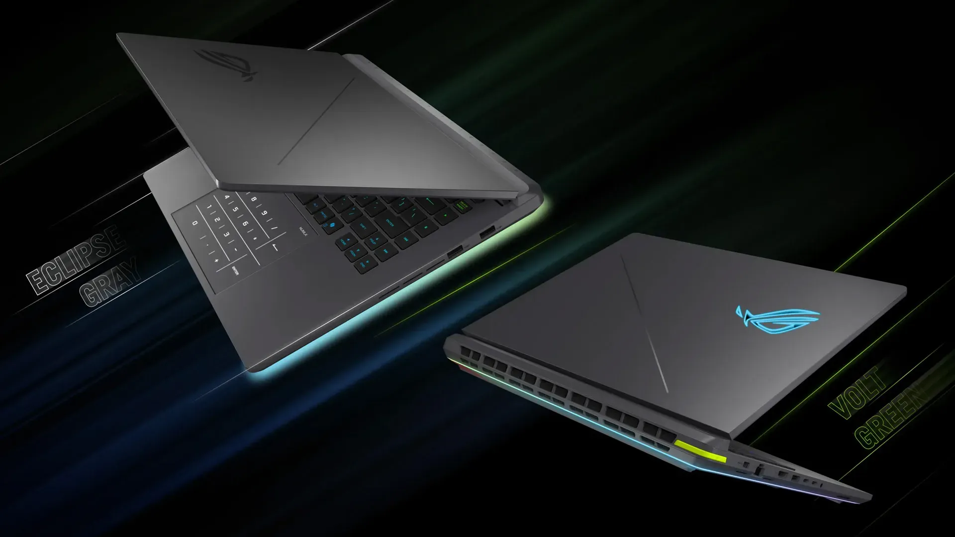 Dois ASUS ROG Strix G18 (2026) mostrando a tampa com logo ROG e a grade de ventilação traseira com iluminação RGB verde e amarela