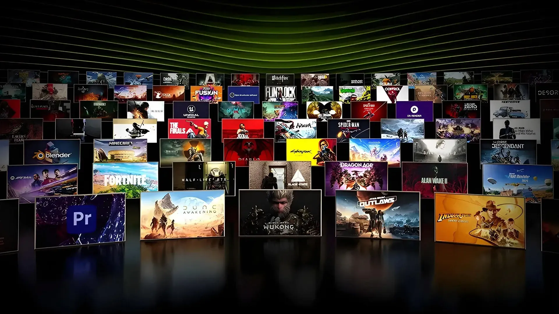 Grade com capas de jogos compatíveis com NVIDIA GeForce RTX, incluindo Fortnite, Cyberpunk 2077, Black Myth Wukong e outros títulos