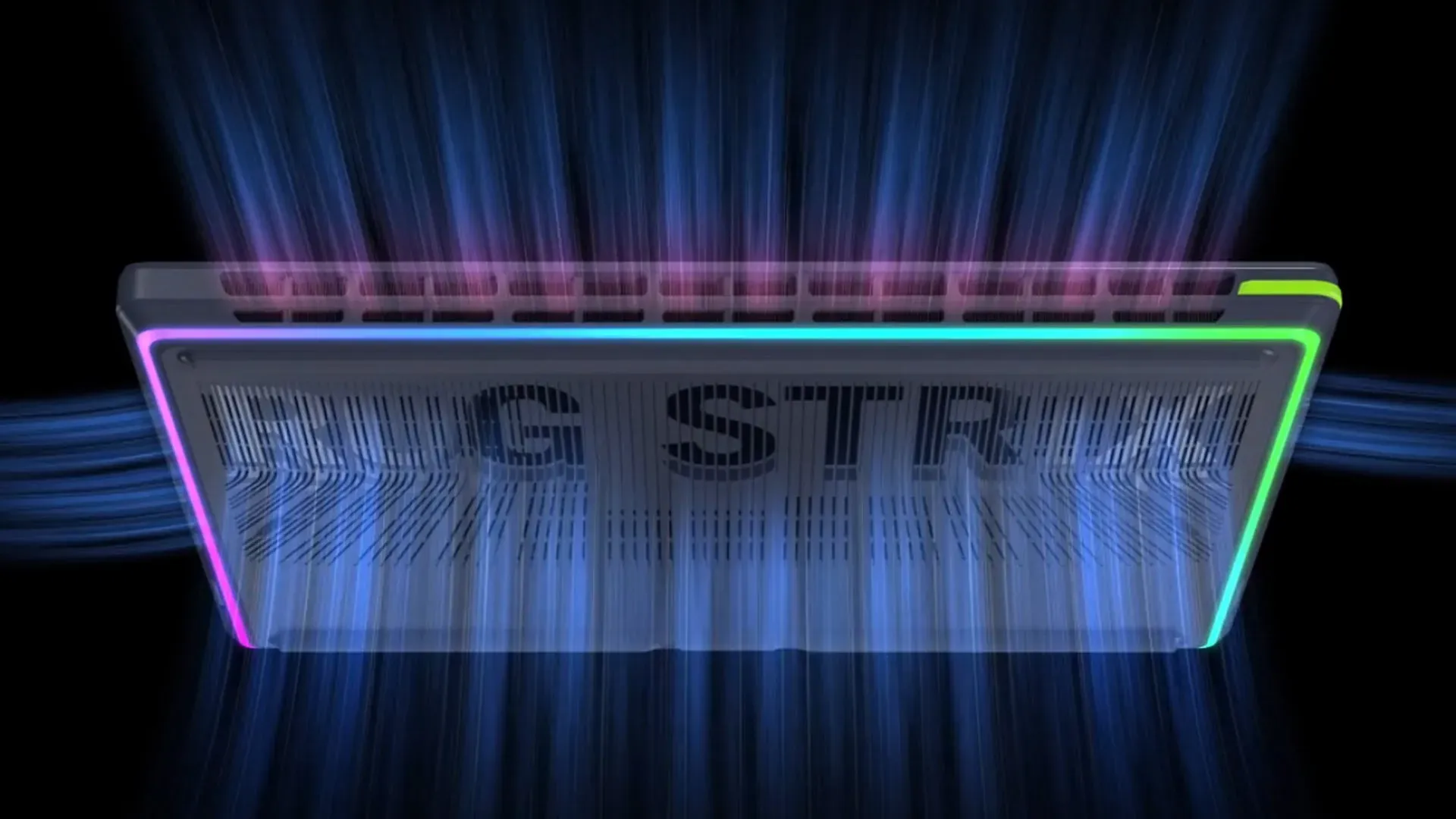 Renderização em raio-x da traseira do ASUS ROG Strix G18 (2026) mostrando o dissipador sanduíche e as ventoinhas com iluminação RGB