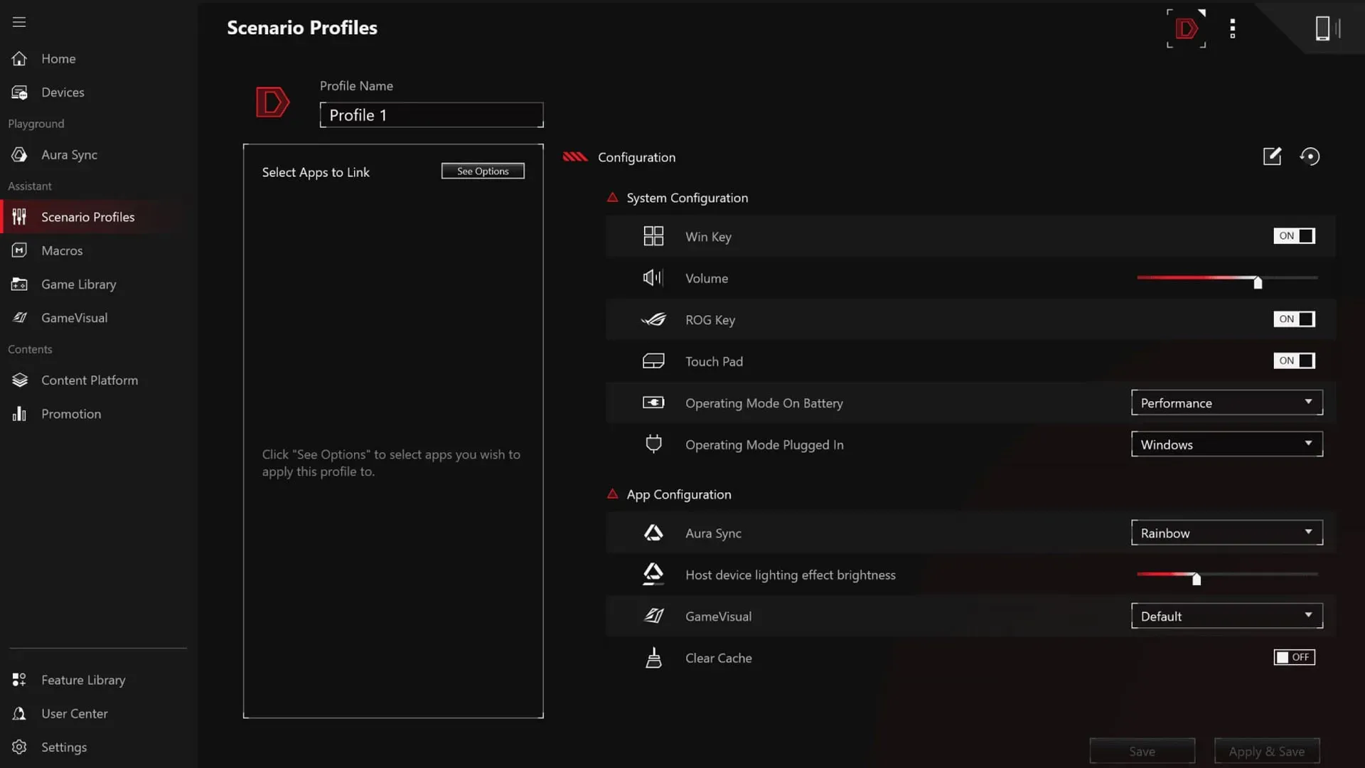 Interface do Armoury Crate mostrando a tela de Scenario Profiles com opções de configuração de sistema e aplicativos