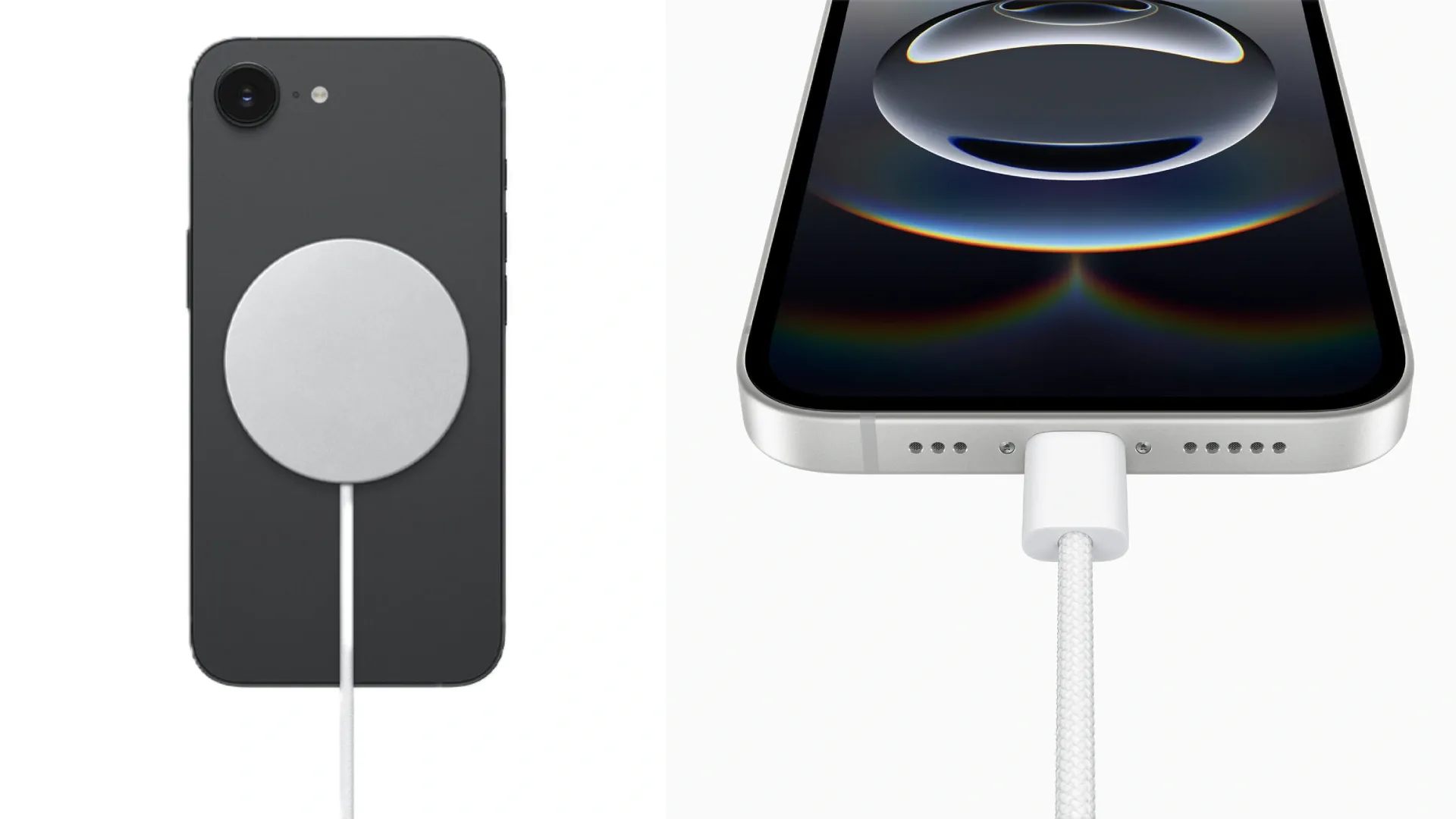 iPhone com carregador magnético MagSafe conectado na traseira ao lado de iPhone 16e conectado a cabo de carregamento